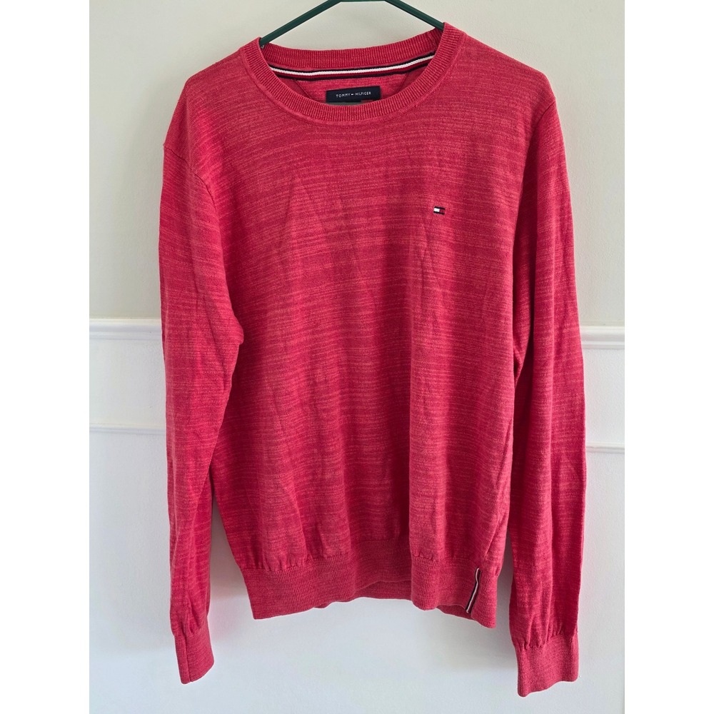 Tommy Hilfiger Men Crew Neck Long Sleeve Sweater Red Marled Knit Linen Size‎ L